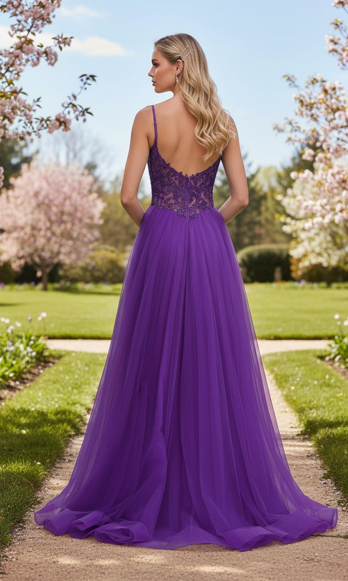 A woman in the La Femme 33674 Beaded-Corset Long Prom Ball Gown stands on a garden path, surrounded by lush greenery and blooming trees, her back to the camera.